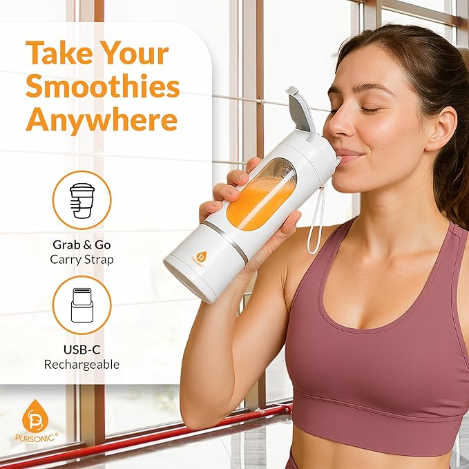 Pursonic Portable Juicer & Blender Cup – USB C Charging Mini Smoothie Blender with 50W Motor, 12-Blade Power System, 3 Speeds – Personal Juice & Smoothie Maker (15.2 oz)