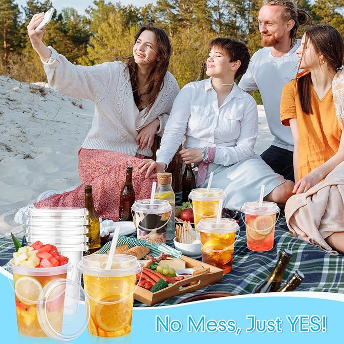 mwellewm 30 Pcs Drink Buckets with Lids and Straws, 34 oz with Handles Disposable Clear Rum Plastic Coffee Lemonade Cocktail Bucket Cups with Lid for Parties, Pool and Picnic