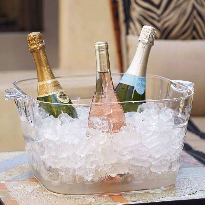 OGGI Acrylic Square Party Tub - Clear Beverage Cooler w/Handles, Wine Cooler, Beer Chiller, Ideal Party Tubs for Drinks, Use Ice Tub for Indoor or Outdoor Bars, 16.75" x 14"