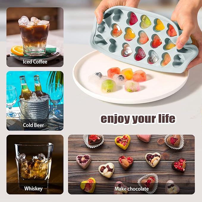 Heart Shape Ice Cube Tray, 21 Holes Silicone Ice Cube Mold with Removable Lid Flexible for Whiskey Cocktail Chocolate (Gray)