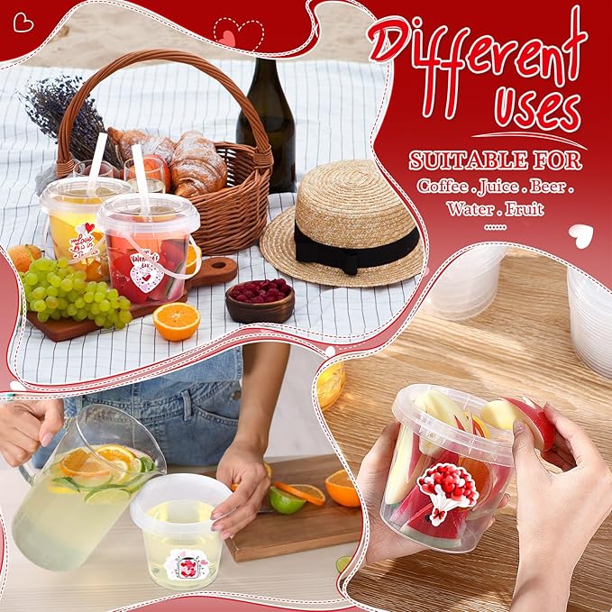 Funnymoom 30 Set Valentine's Day Clear Plastic Cups with Lids & Straws 24oz Disposable Rum Drink Buckets Bulk for Cocktail Parties with Handles & Stickers for Wedding Valentines Theme Party Supplies