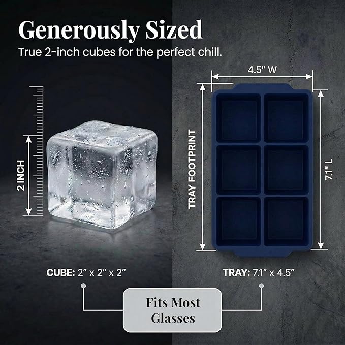 KitchFort Large Silicone Ice Cube Tray (2-Pack), Easy Release 2" Big Ice Cubes - Cocktail, Whiskey Ice Cubes Mold - Ice Trays for Freezer with Lid - Stackable Silicone Ice Tray - Navy Blue