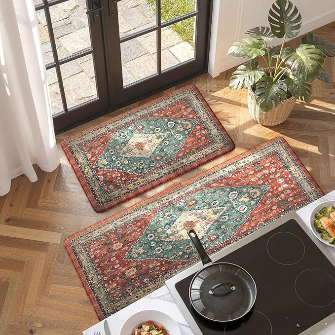 Collive Boho Kitchen Mats 2PCS, Cushioned Kitchen Mat for Floor Anti Fatigue Waterproof Kitchens Rugs Set of 2, Non Skid Comfort Standing Rug for Office, Sink, Laundry, 17.3"x29"+17.3"x47"