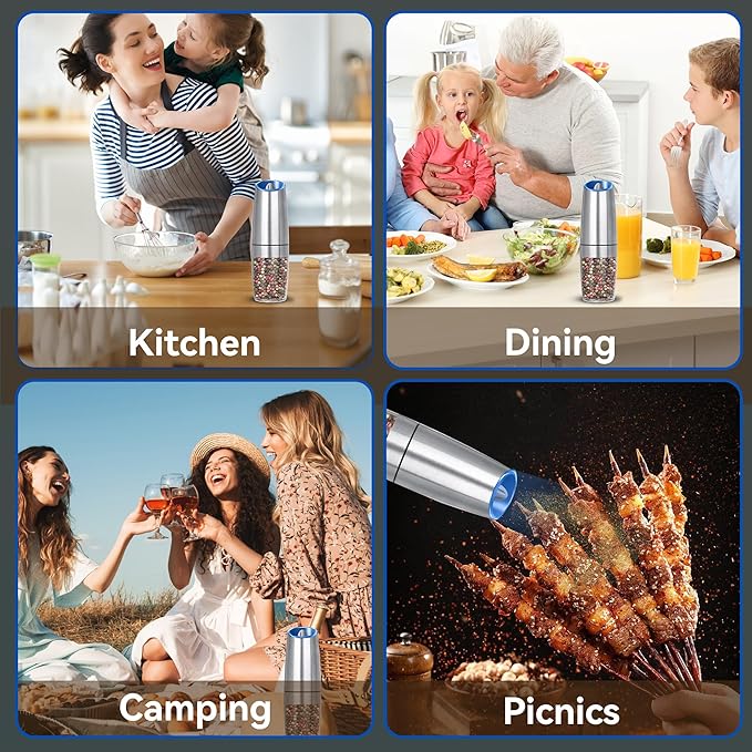 UNNEES Rechargeable Electric Salt and Pepper Grinder, gravity electric salt and pepper grinder, Adjustable Roughness, LED Light, 1 Pack, (Silver)