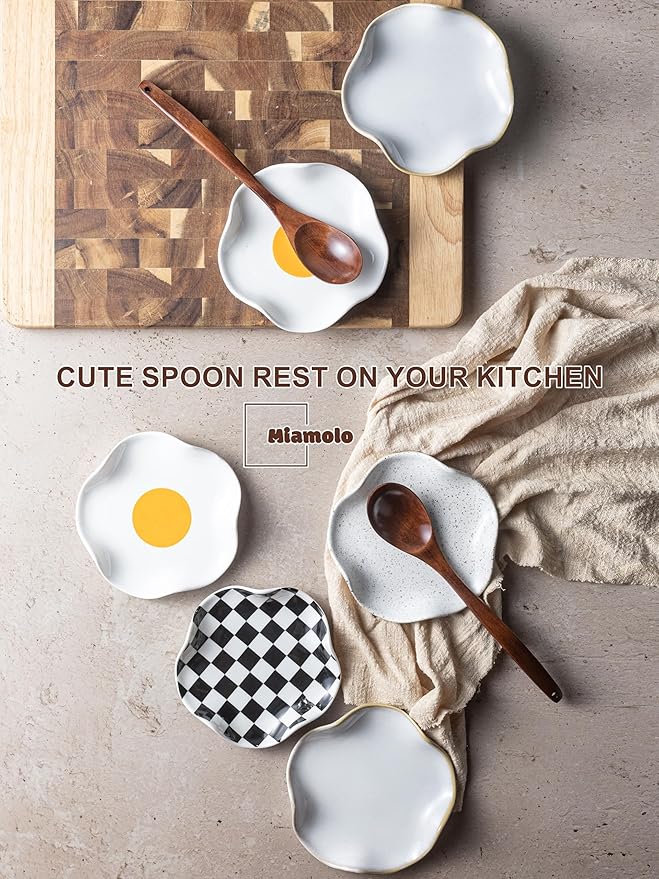 Miamolo Cute Spoon Rest for Stove Top, Ceramic Egg Spoon Holder for Kitchen Counter Spatula Holder, 5.3in Coffee Spoon Rest, Sunny-Side Up Funny Cooking Spoon Holder for Utensils, Kitchen DéCor