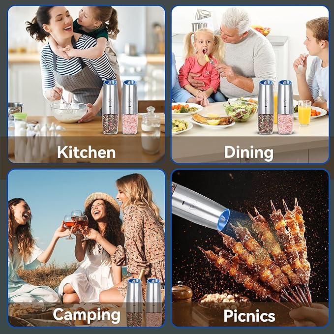 UNNEES Rechargeable Electric Salt and Pepper Grinder set of 2, gravity electric salt and pepper grinder set, Adjustable Roughness, LED Light, 2 Pack, (Silver)