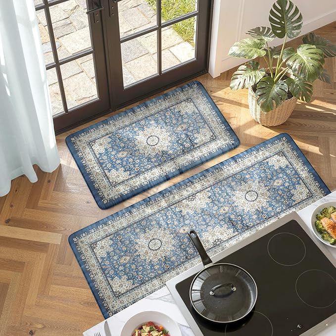 Collive Boho Kitchen Mat, Cushioned Anti Fatigue Kitchen Rug Set 2 Piece Non-Skid Waterproof Kitchen Mats for Floor, Comfort Heavy Duty Standing Mat for Kitchen, Laundry, Office, Desk