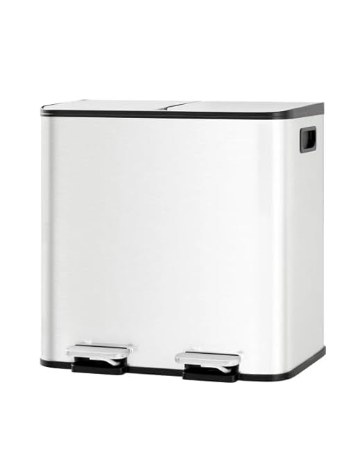GarveeHome 2 x 4 gal Stainless Steel Double Trash Can with Lid for Kitchen, Large Dual Trash and Recycle Bin Combo, Step-on Kitchen Metal Garbage Cans, PP Inner Buckets, Liner Rim, White