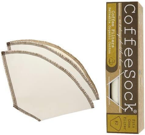CoffeeSock ’The Original’ Reusable 100% Organic Cotton Coffee Filters - 2 pk Cone #2 Filters | Coffee Sock Cloth Drip 2 Coffee Filter | Organic Cotton Alternative - Zero-Waste & Eco-Friendly - C2