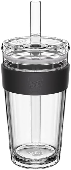 KeepCup Cold Cup - Longplay Double wall Glass Ice Coffee Tumbler with Lid and Straw - 16oz (454ml) - Black