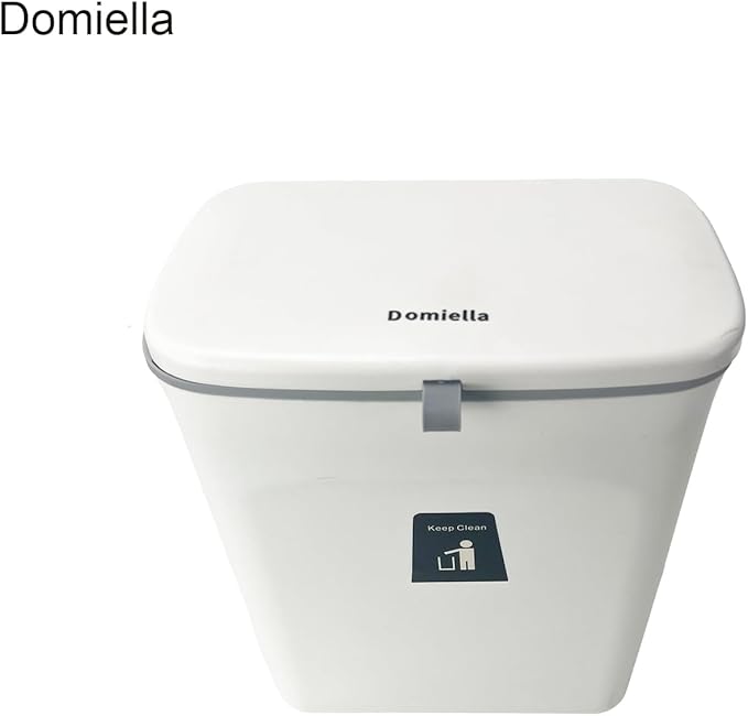 Domiella 2.4 Gallon Hanging Trash Can with Lid, Kitchen Compost Bin for Countertop or Under Sink, Mountable Food Waste Bin with Sealed Lid for Cabinet, Cupboard, Bathroom, or RV (White)
