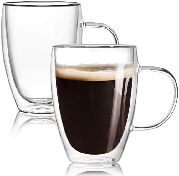 Set of 2 Double Wall Borosilicate Glass Mugs 12oz (360ml) – Insulated, Heat-Resistant, Dishwasher Safe Coffee and Tea Mug Set for Hot & Cold Beverages