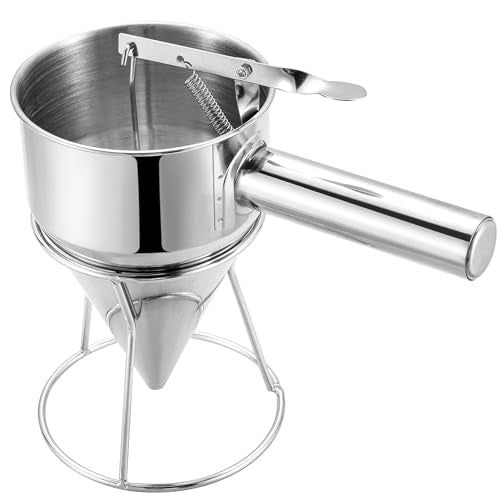 MYFULLY Pancake Batter Dispenser Funnels with Stand | Stainless Steel Funnel Cake Dispenser with Stand Great for Cupcakes, Takoyaki or Any Baked Goods (1200 ML/40 OZ/5 Cups)