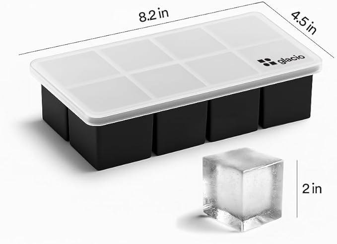 Ice Cube Molds – 2-Pack Silicone Trays for 8 Large Square Cubes – Slow-Melt Ice for Whiskey, Cocktails, Coffee & More