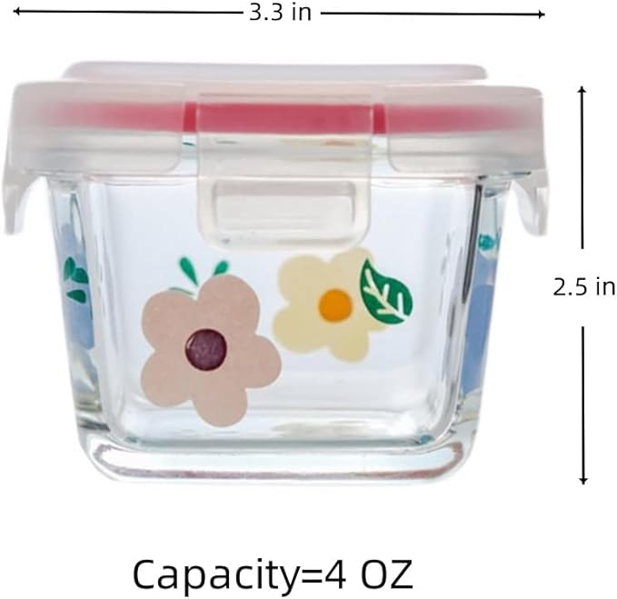 Ivymei 2 Pack Mini Square Glass Containers with lids,Small Floral Food Storage Contaiers Glass Food Jars for Food Portion,Dipping Sauce,Snack,Yogurt,Leakproof,Microwave Freezer Safe