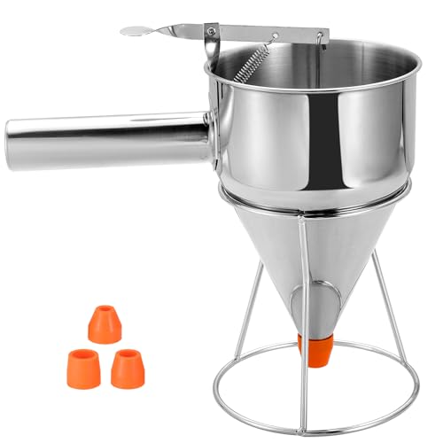 MYFULLY Pancake Batter Dispenser Funnels with Stand | Stainless Steel Funnel Cake Dispenser with Stand Great for Cupcakes, Takoyaki or Any Baked Goods (1200 ML/40 OZ/5 Cups,with 4Pcs Nozzles)
