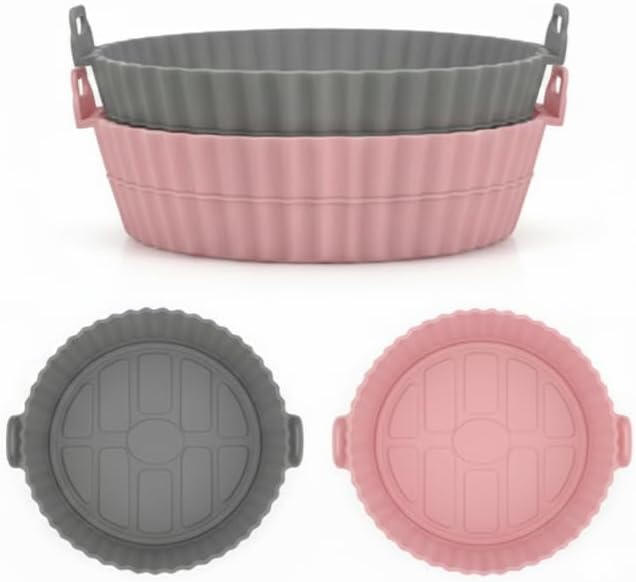 Silicone Air Fryer Liner, 7.9 Inch Round Reusable Basket with Handles, Nonstick & Dishwasher Safe (1 or 2 Pack) (grey/pink, 2)