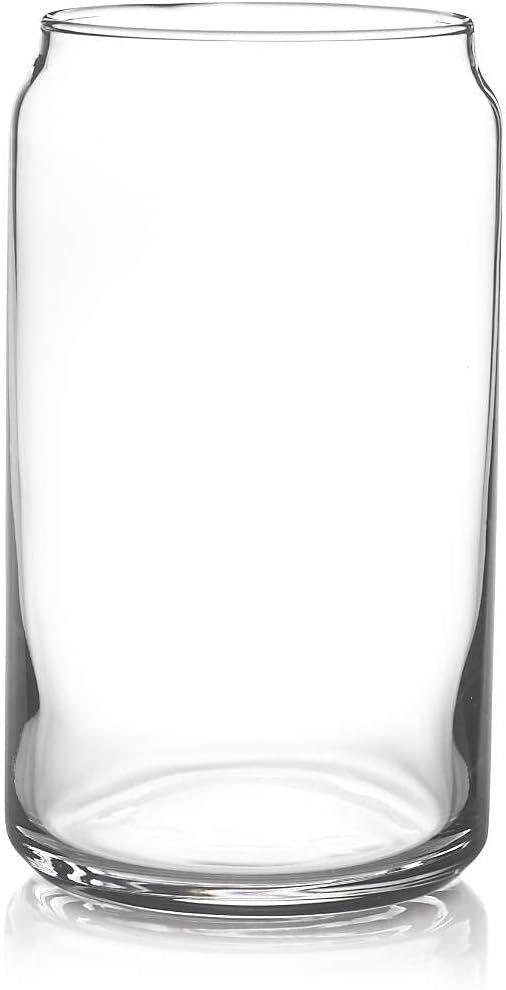 BEWAVE Drinking Glass Set of 4, 16oz Can Shaped Glasses Cups, Iced Coffee Glasses, Beer Tumbler, for Whiskey, Soda, Tea, Juice, Gift, with Lid, Straw