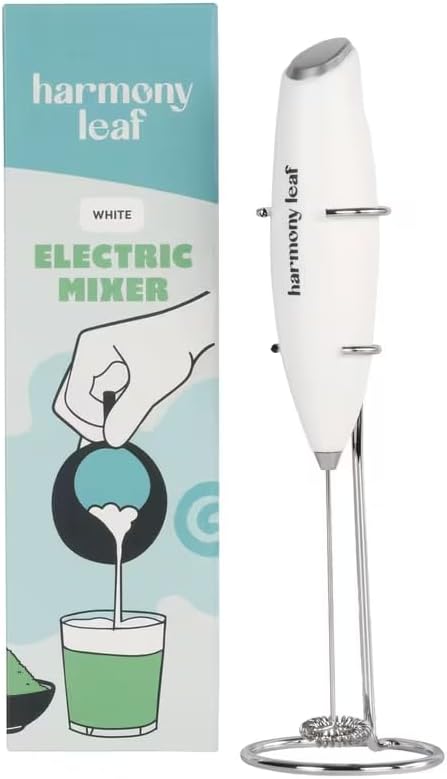 Harmony Leaf Handheld Milk Frother, Stainless Steel Electric Drink Mixer with Stand, Battery Operated Coffee Frother for Lattes, Matcha, Hot Chocolate and More, White