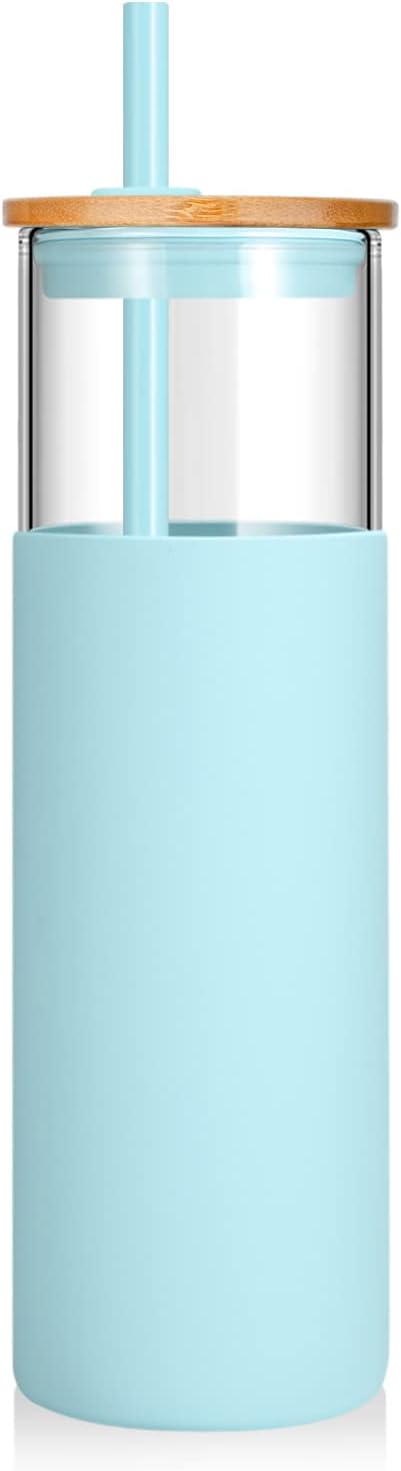 Tronco 32 oz Glass Tumbler with Lids and Straw, Reusable Iced Coffee Cup & Smoothie Cup with Bamboo Lid, Silicone Sleeve, Dishwasher Safe, BPA-Free Borosilicate Glass, 1 Pack