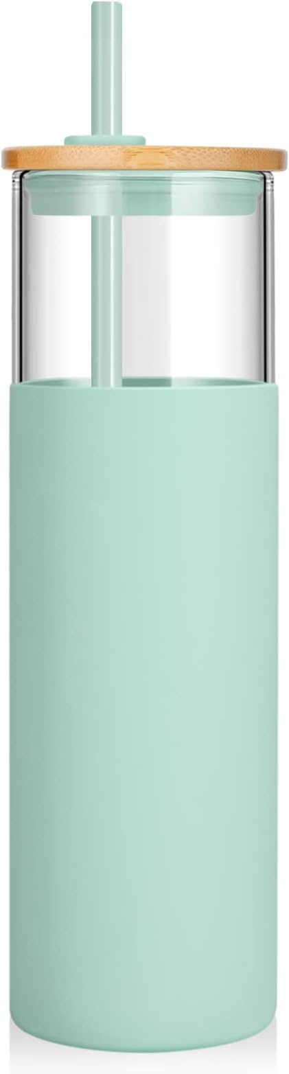 Tronco 28 oz Glass Tumbler with Lids and Straw, Reusable Iced Coffee Cup & Smoothie Cup with Bamboo Lid, Silicone Sleeve, Dishwasher Safe, BPA-Free Borosilicate Glass, 1 Pack