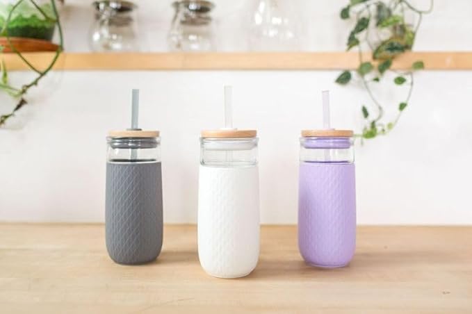 Ello Devon 18oz Glass Tumbler with Straw, Friction Fit Bamboo Wood Lid and Silicone Sleeve | Perfect for Iced Coffee, Tea, and Smoothies