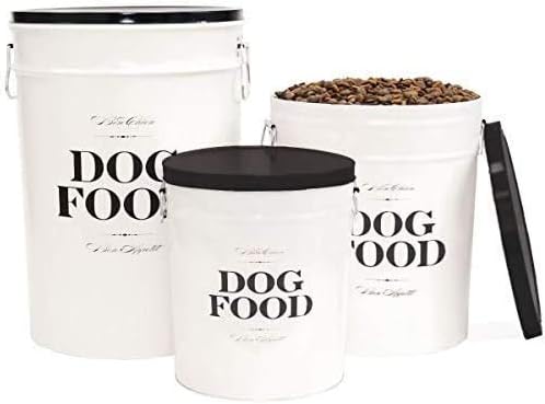 Harry Barker Bon Chien Dog Food Storage Canister – Large 11 gallon, Airtight Stainless Steel Pet Food Container, Stylish Kitchen Counter Dog Kibble Storage with Easy-Open Lid - White
