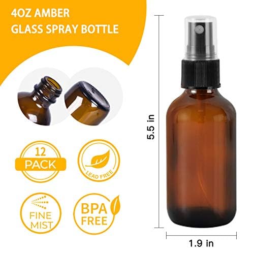 STARSIDE 4 oz Amber Glass Spray Bottles (12 Pack) - Leak Proof Fine Mist Sprayer for Face, Hair, Essential Oils - Includes Funnels, Droppers, Labels & Brush