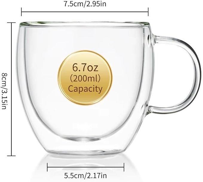 MESNEY Double Wall Insulated Espresso Cups & Mugs, Set of 6, 6.7 oz, Clear Glass for Coffee, Latte, Macchiato, Cappuccino & Tea, Dishwasher Safe