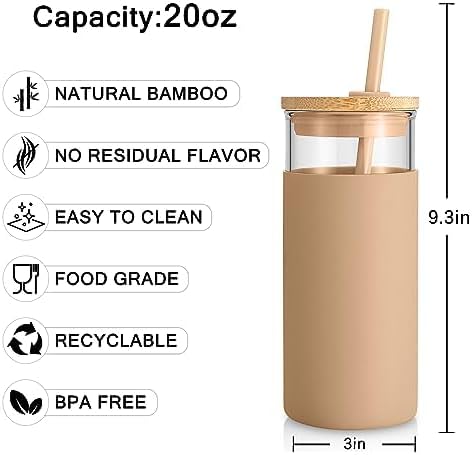 Tronco 20 oz Glass Tumbler with Lid and Straw, Iced Coffee Cup and Smoothie Cup with Bamboo Lids & Protective Silicone Sleeve, Dishwasher Safe, BPA-Free, Glass Cup 2 Pack