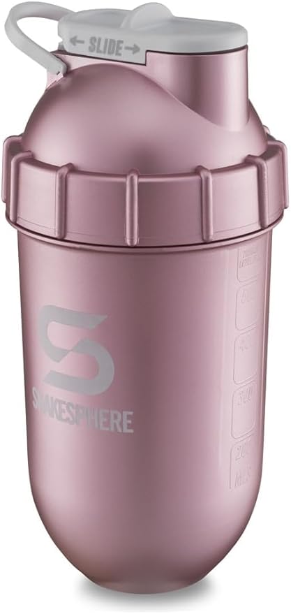SHAKESPHERE Shaker Bottle - 24oz Leak Proof Protein Shaker Bottle for Pre Workout, Smoothie, and Powder Drink Mixes, No-Blade Mixer for Gym, BPA-Free, Easy Clean & Easy to Carry (Rose Gold)