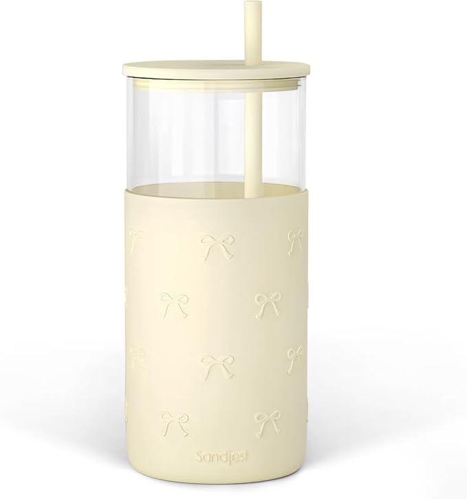 SANDJEST Glass Tumbler with Straw and Lid, Glass Water Bottle with Silicone Sleeve 20oz, Smoothie, Iced Coffee Cup, Bow Gifts for Women Teen Girls Birthday Christmas