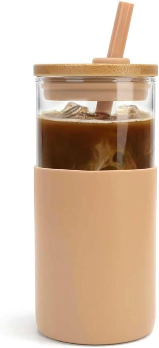 Tronco 16 oz Glass Tumbler with Lids and Straw, Reusable Iced Coffee Cup & Smoothie Cup with Bamboo Lid, Silicone Sleeve, Dishwasher Safe, BPA-Free Borosilicate Glass, 1 Pack