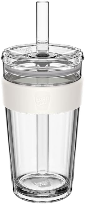 KeepCup Cold Cup - Longplay Double wall Glass Ice Coffee Tumbler with Lid and Straw - 16oz (454ml) - Chalk