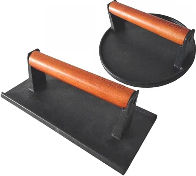Firsgrill Burger Press 7.08" Round & 8.3”X4.3”Rectangle Heavy-Duty Cast Iron Smash Meat Steak with Wood Handle for Blackstone Camp Chef Pitboss Weber Treager Griddle Grills (Flat Bottom)
