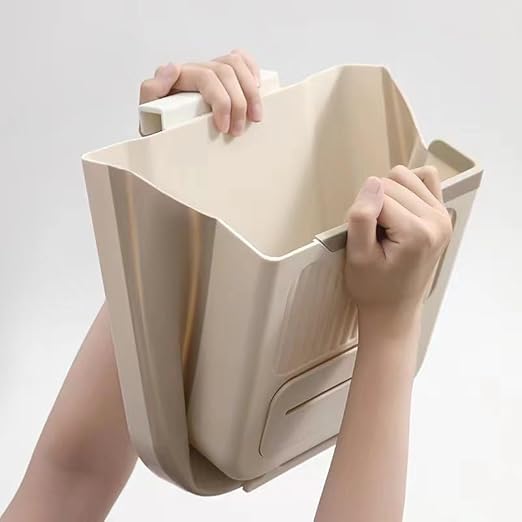 Hanging Trash Can for Kitchen Cabinet Door, 1.85 Gallon Kitchen Trash Can with Space-Saving Design, Collapsible Garbage Can for Kitchens,Cabinet Door, Bathroom, with Trash Bag Compartment - Cream