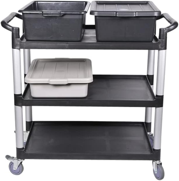 Restaurantware RW Clean 31.9 x 17.1 x 35.8 Inch Utility Cart 1 Rolling Cleaning Cart - Small 3 Shelves Black Plastic Rolling Cart Heavy-Duty For Organization Or Storage