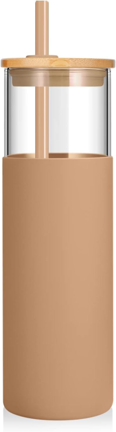 Tronco 32 oz Glass Tumbler with Lids and Straw, Reusable Iced Coffee Cup & Smoothie Cup with Bamboo Lid, Silicone Sleeve, Dishwasher Safe, BPA-Free Borosilicate Glass, 1 Pack