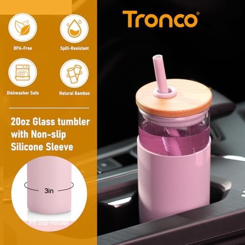 Tronco 20 oz Glass Tumbler with Lid and Straw, Iced Coffee Cup and Smoothie Cup with Bamboo Lids & Protective Silicone Sleeve, Dishwasher Safe, BPA-Free, Glass Cup 2 Pack