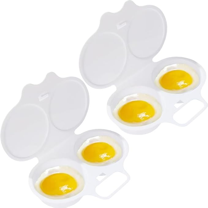 2Pc White Egg Poacher, Microwave Boiler, 2 Cavity Nonstick Maker With Lid, Eggs Cooker, Double Drain Cups