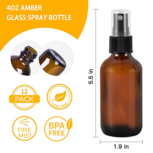 STARSIDE 4 oz Amber Glass Spray Bottles (12 Pack) - Leak Proof Fine Mist Sprayer for Face, Hair, Essential Oils - Includes Funnels, Droppers, Labels & Brush