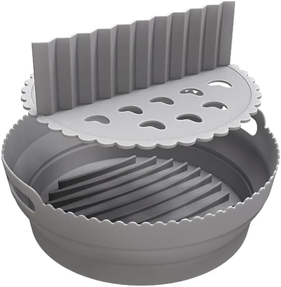 Silicone Air Fryer Liner 8.6" Round for 5–8 QT, With Divider Split for 2 Flavors, Reusable Non-Stick Collapsible Pot Liner, Dishwasher Safe, Heat-Resistant 446°F, GRAY, 1 Pack