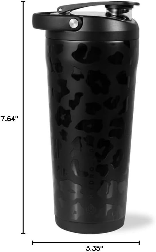 HydroJug 24 oz New Stainless Steel Shaker – Insulated, Leakproof, BPA-Free with Silent Mixing Grate – No Clumps, No Noise – Premium Shaker for Fitness, Sports & Everyday Use, Black Leopard