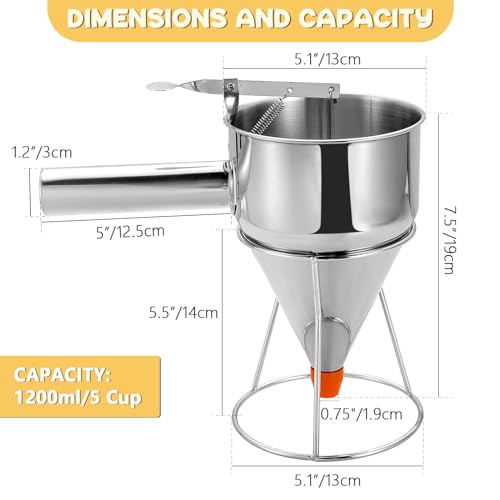 MYFULLY Pancake Batter Dispenser Funnels with Stand | Stainless Steel Funnel Cake Dispenser with Stand Great for Cupcakes, Takoyaki or Any Baked Goods (1200 ML/40 OZ/5 Cups,with 4Pcs Nozzles)