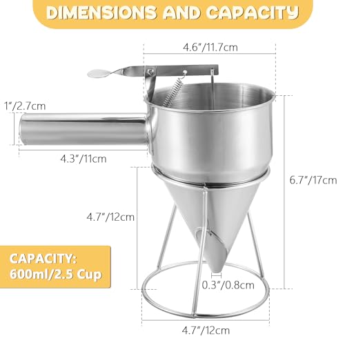 MYFULLY Pancake Batter Dispenser Funnels with Stand | Stainless Steel Funnel Cake Dispenser with Stand Great for Cupcakes, Takoyaki or Any Baked Goods (600 ML/20 OZ/2.5 Cups)