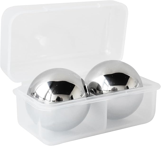 Outset Stainless Steel Ice Cube Spheres, Set of 2 Round Reusable Metal Whiskey Stones with Store Box, 1.57"