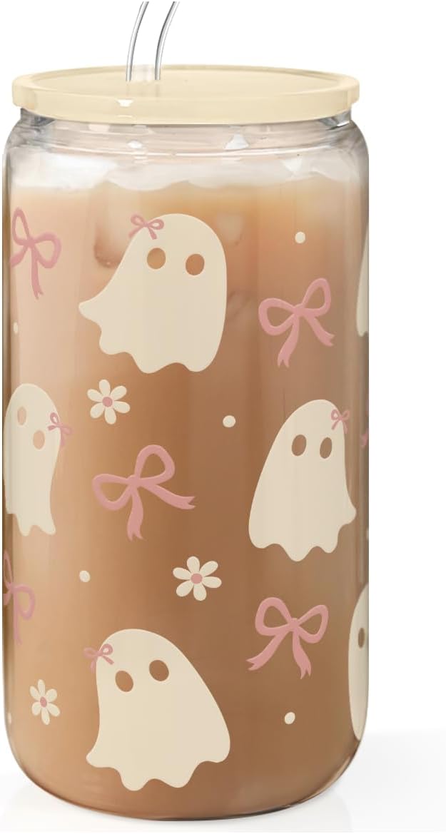 SANDJEST Halloween 16oz Can Glass Tumbler with Acrylic Lid & Straw, Iced Coffee Cup for Women Girls, Aesthetic Cups Gifts for Party