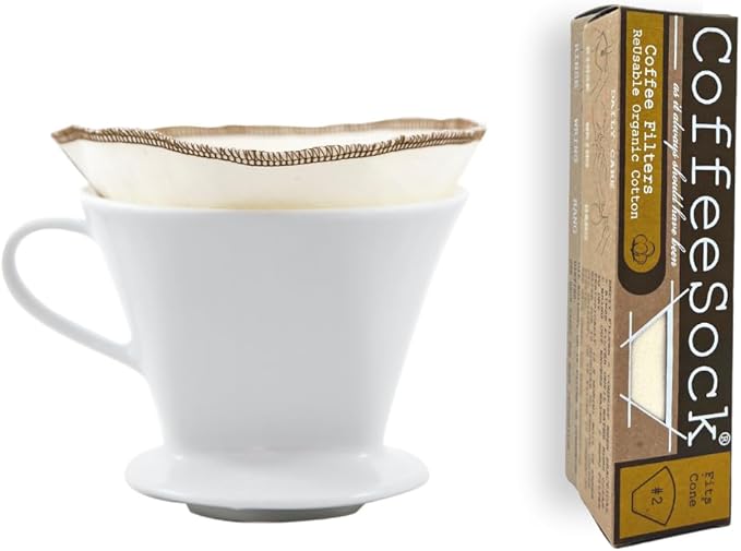 CoffeeSock ’The Original’ Reusable 100% Organic Cotton Coffee Filters - 2 pk Cone #2 Filters | Coffee Sock Cloth Drip 2 Coffee Filter | Organic Cotton Alternative - Zero-Waste & Eco-Friendly - C2