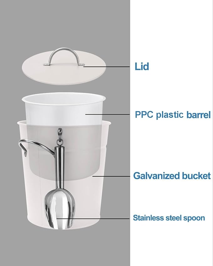 3Qt White Galvanized Ice Bucket with Lid, Scoop & Handles - Ideal for Cocktails, Parties, BBQs, Wine & Champagne. Double-Layer Insulated Outer & Galvanized Inner Layer, Perfect for Home & Outdoor Use