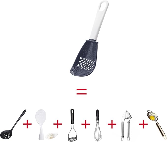 6 in 1 Multifunctional Food Strainer, 356°F Heat Resistant kitchen gadgets, Egg Separator, Cooking, Draining, Mashing, Grating, Cooking spoon Dark Grey